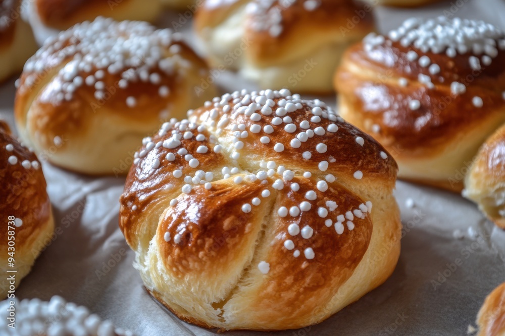 Freshly baked traditional Swedish cardamom buns with pearl sugar Freshly baked traditional Swedish cardamom buns with pearl sugar