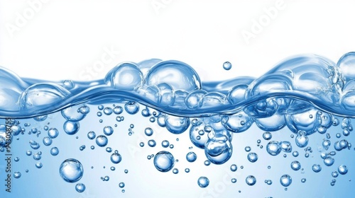 Crystal clear water wave bubbles on blue background