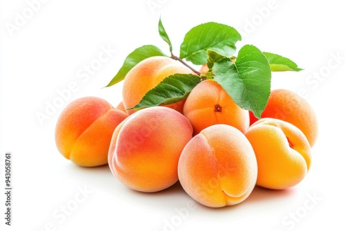 Fresh apricots with green leaves on white background