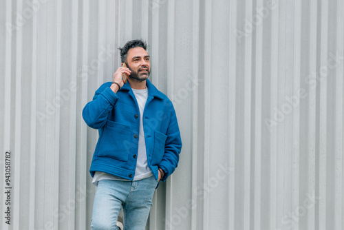 young man with blue jacket and mobile phone outdoors