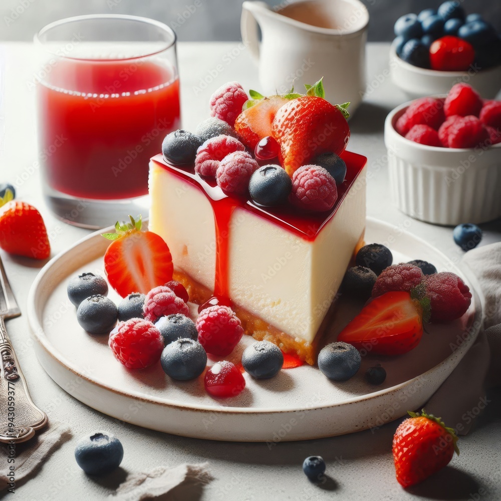 A slice of cheesecake with strawberries, blueberries and raspberries on top of a white plate. A glass of red juice is next to the plate
A slice of cheesecake with strawberries, blueberries and raspberries on top of a white plate. A glass of red juice is next to the plate