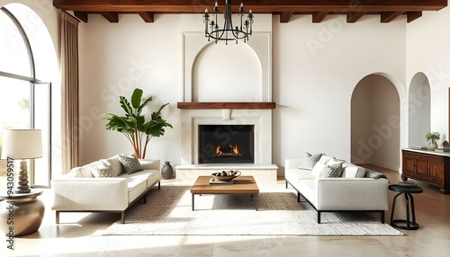 Sofa against fireplace in room with arch window and ceiling. Mediterranean interior design of modern living room.