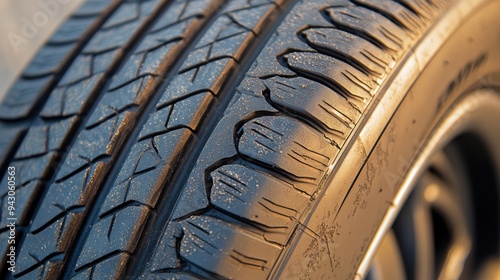 Close-up of detailed car tire tread pattern in natural light