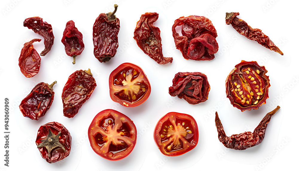 Set with sun dried tomatoes on white background Set with sun dried tomatoes on white background