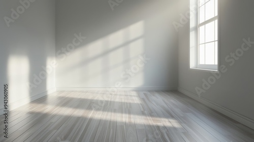 A large  empty room with a window and a white wall. The room is very bright and open  with a lot of natural light coming in through the window. The space feels clean and uncluttered