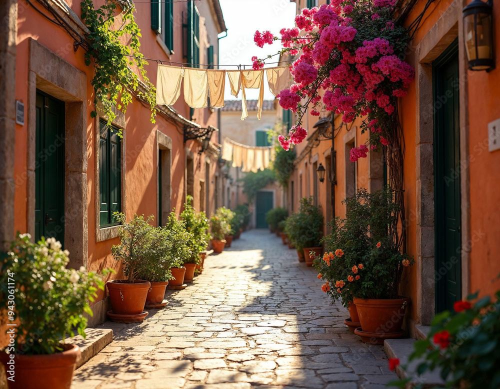 Obraz premium Charming Italian alleyway with hanging laundry, vibrant plants, warm sunlight, and cobblestone path, space for text.