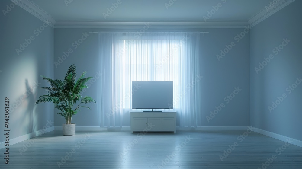 A large white television sits in front of a window in a very empty room. The room is very plain and has a very minimalistic feel to it A large white television sits in front of a window in a very empty room. The room is very plain and has a very minimalistic feel to it