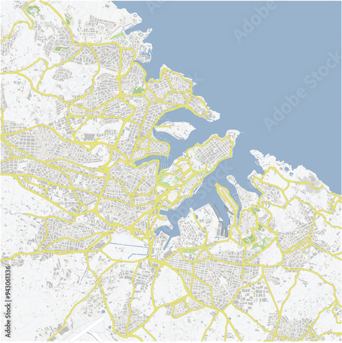 Road map of Valletta in Malta. Contains layered vector with roads water, parks, etc.