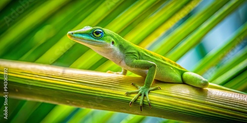 a photo image of a vibrant green anole lizard perched on a branch of a tropical palm tree, with delicate leaves and subtle shading