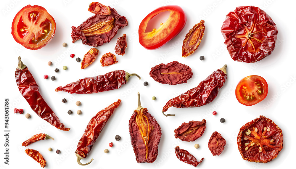 Set with sun dried tomatoes on white background Set with sun dried tomatoes on white background