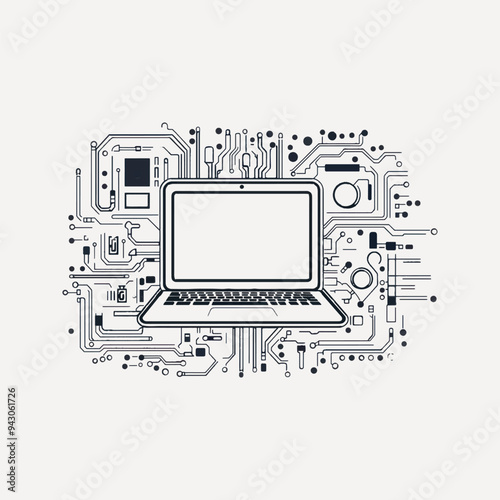 Laptop surrounded by circuit patterns.