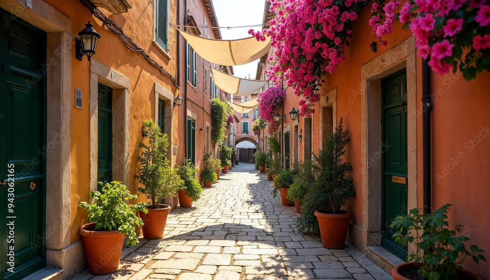 Naklejka premium Charming Italian alleyway with hanging laundry, vibrant plants, warm sunlight, and cobblestone path, space for text.