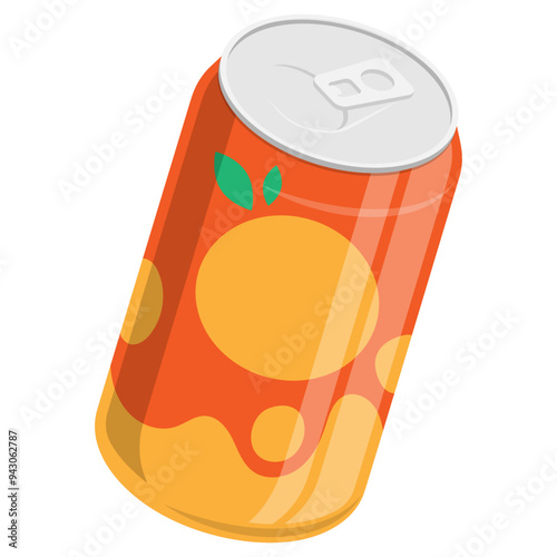 Isometric aluminum can with orange soft drink. Storing cocktails and soda in jar. 3d vector isolated on white background