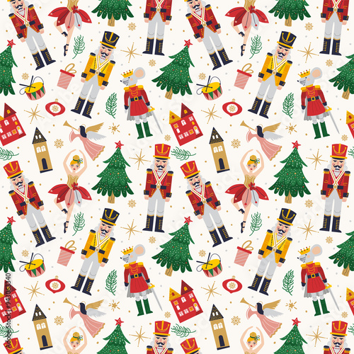 Merry Christmas, New Year seamless pattern set with Ballerina, Mouse King and Nutcracker. Christmas print with three and toys