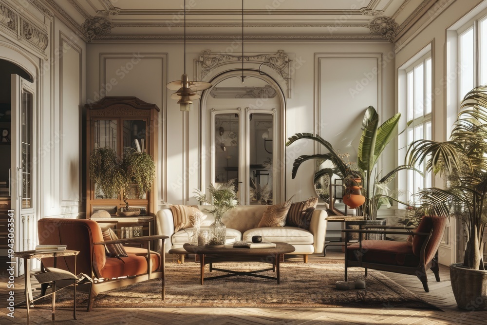 Boho Chic: Cozy Living Room with Rustic Furniture and Lounge Chairs Boho Chic: Cozy Living Room with Rustic Furniture and Lounge Chairs