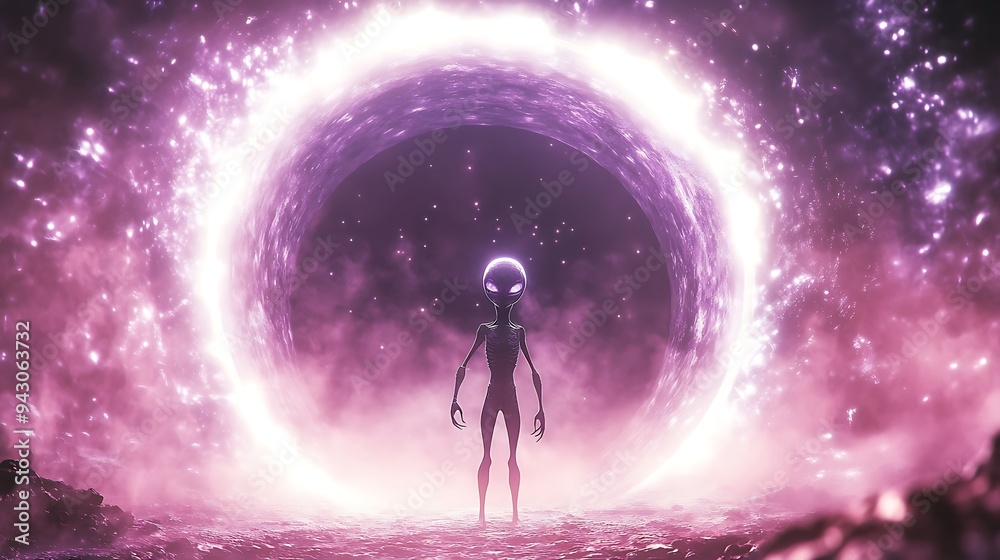 Obraz premium Ethereal Alien Being Standing in Front of Glowing Interdimensional Portal