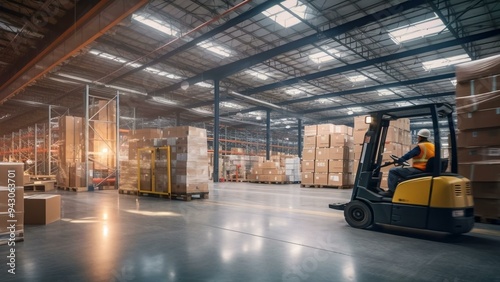 A large warehouse with forklifts moving boxes of goods, surrounded by metal beams and high ceilings.