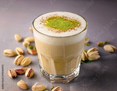 photo of an Pistachio milk latte in a glass. ai generated
