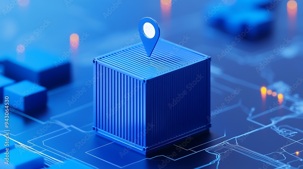 Fototapeta premium Blue cargo container with digital location marker on a futuristic circuit board, representing logistics and technology integration.