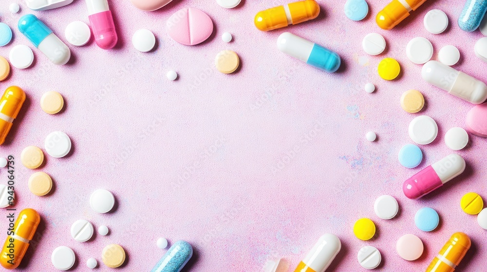 Colorful medicine tablets antibiotic pills on soft background with copy space