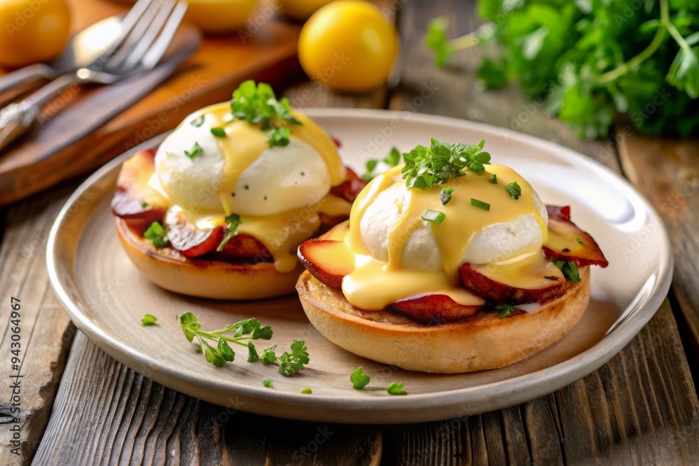 A steaming plate of eggs Benedict boasts a toasted English muffin topped with spinach, poached eggs, and crispy bacon, all drizzled with warm hollandaise sauce. A steaming plate of eggs Benedict boasts a toasted English muffin topped with spinach, poached eggs, and crispy bacon, all drizzled with warm hollandaise sauce.