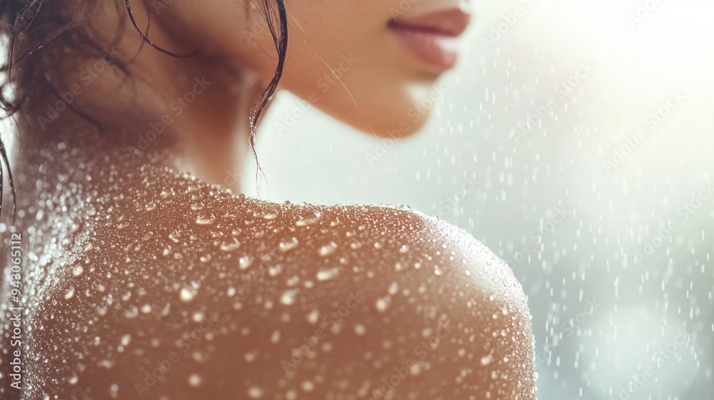 Fototapeta premium Woman, shoulder and shower with water for hygiene, droplets or wash on a pink studio background. Close up of female person or young model with natural liquid in skincare, hydration or cleanliness