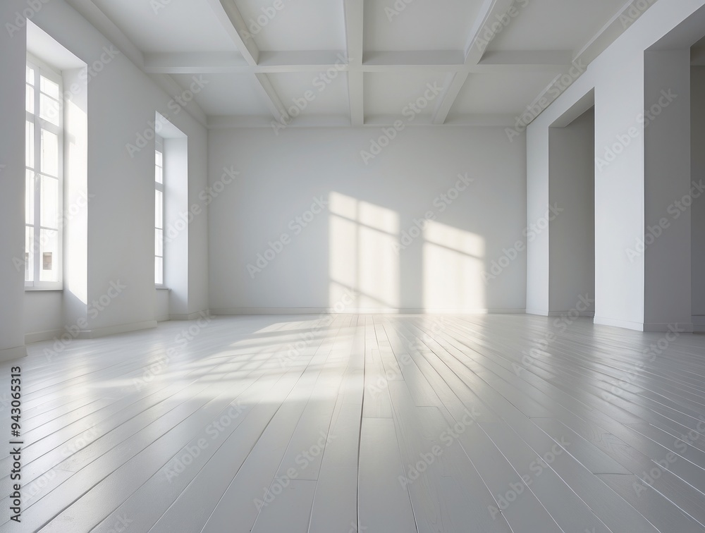 Fototapeta premium Empty White Room with Wooden Floor and Sunlight