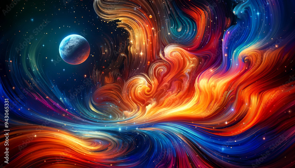 Experience a dazzling cosmic explosion with vibrant swirls and a serene planet in this mesmerizing artwork Experience a dazzling cosmic explosion with vibrant swirls and a serene planet in this mesmerizing artwork