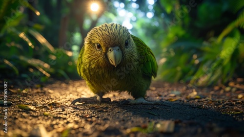 Endangered Kakapo Blending into Natural Surroundings at Dusk, Resting Peacefully on a Forest Path photo