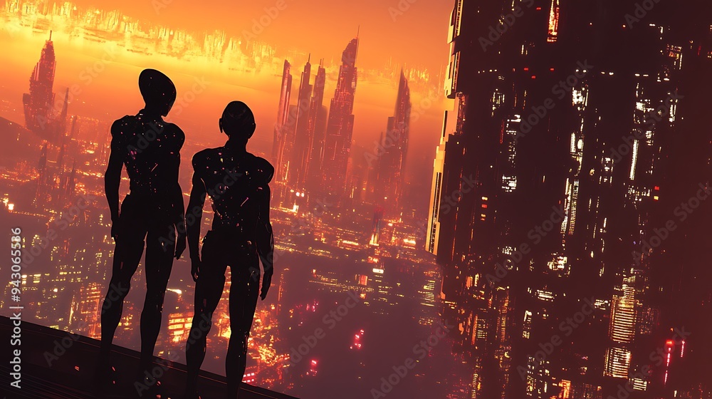 Futuristic Alien Encounter in a Glowing Cityscape Futuristic Alien Encounter in a Glowing Cityscape
