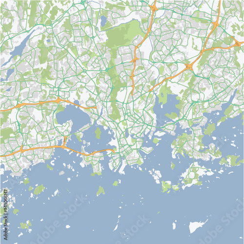 Road map of Helsinki in Finland. Contains layered vector with roads water, parks, etc.