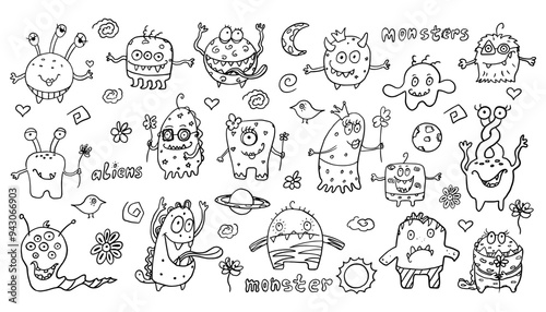 Cute set of monsters, aliens and extraterrestrials in doodle style. Great for children's cute playroom, nursery, wrapping paper, coloring page. Vector illustration