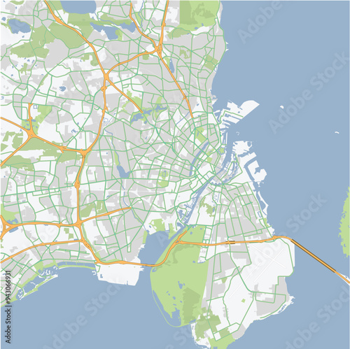 Road map of Copenhagen in Denmark. Contains layered vector with roads water, parks, etc.