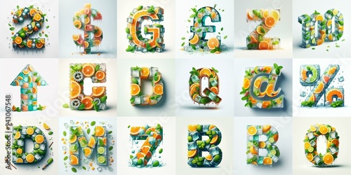 Ice cubes and mints and citrus Lettering Typeface. AI generated illustration