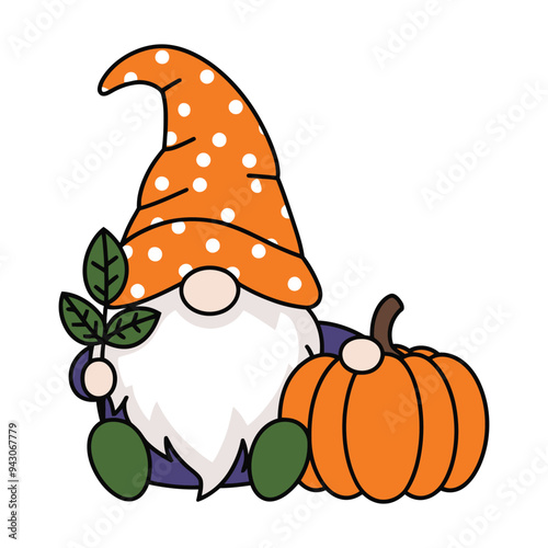 Cute gnome with pumpkin and leaf cartoon illustration
