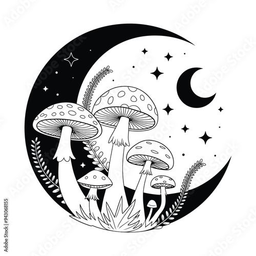 Mushrooms under Crescent Moon with Stars in Night Scene