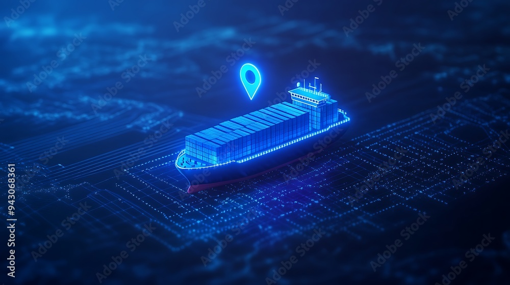 Futuristic hologram of a cargo ship with a location pin, symbolizing global shipping logistics and maritime navigation technology.