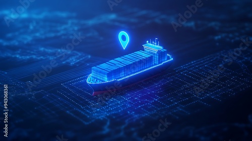 Obraz na płótnie Futuristic hologram of a cargo ship with a location pin, symbolizing global shipping logistics and maritime navigation technology. w salonie