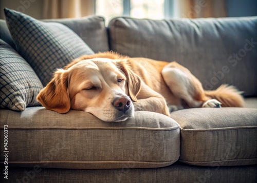 Furry companion sprawls across plush couch cushion, paws curled, whiskers twitching in a gentle snooze. photo