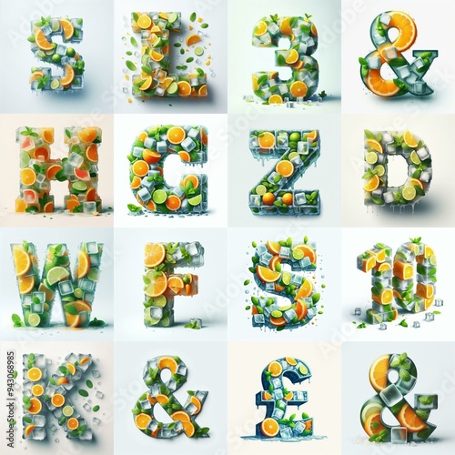 Ice cubes and mints and citrus Lettering Typeface. AI generated illustration