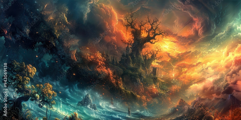 Fototapeta premium Mystical Forest. Fantasy background with detailed elements