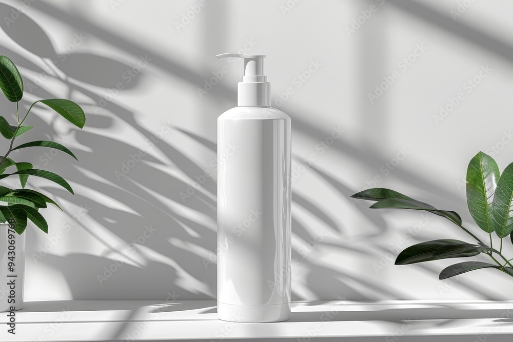 White pump empty bottle on white surface with shadow, copy space, mockup, cosmetic package, for label White pump empty bottle on white surface with shadow, copy space, mockup, cosmetic package, for label