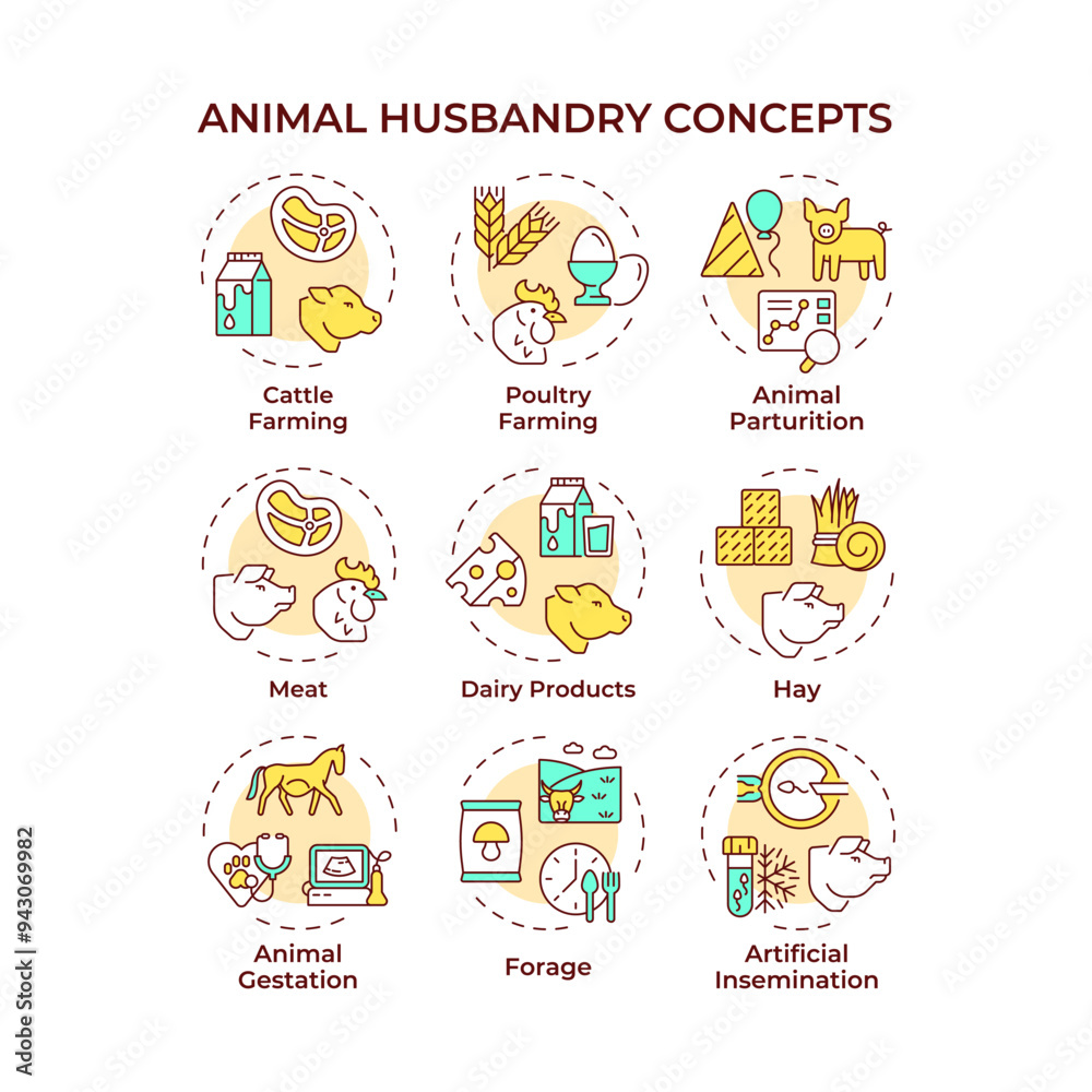 Animal husbandry multi color concept icons. Poultry farming, cattle forage. Welfare, biotechnology. Icon pack. Vector images. Round shape illustrations for infographic, presentation. Abstract idea Animal husbandry multi color concept icons. Poultry farming, cattle forage. Welfare, biotechnology. Icon pack. Vector images. Round shape illustrations for infographic, presentation. Abstract idea