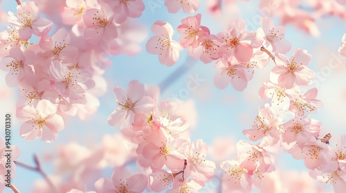 seamless pattern, A soft and serene backdrop of delicate pink cherry blossoms against a tranquil blue sky, perfect for springtime themes.