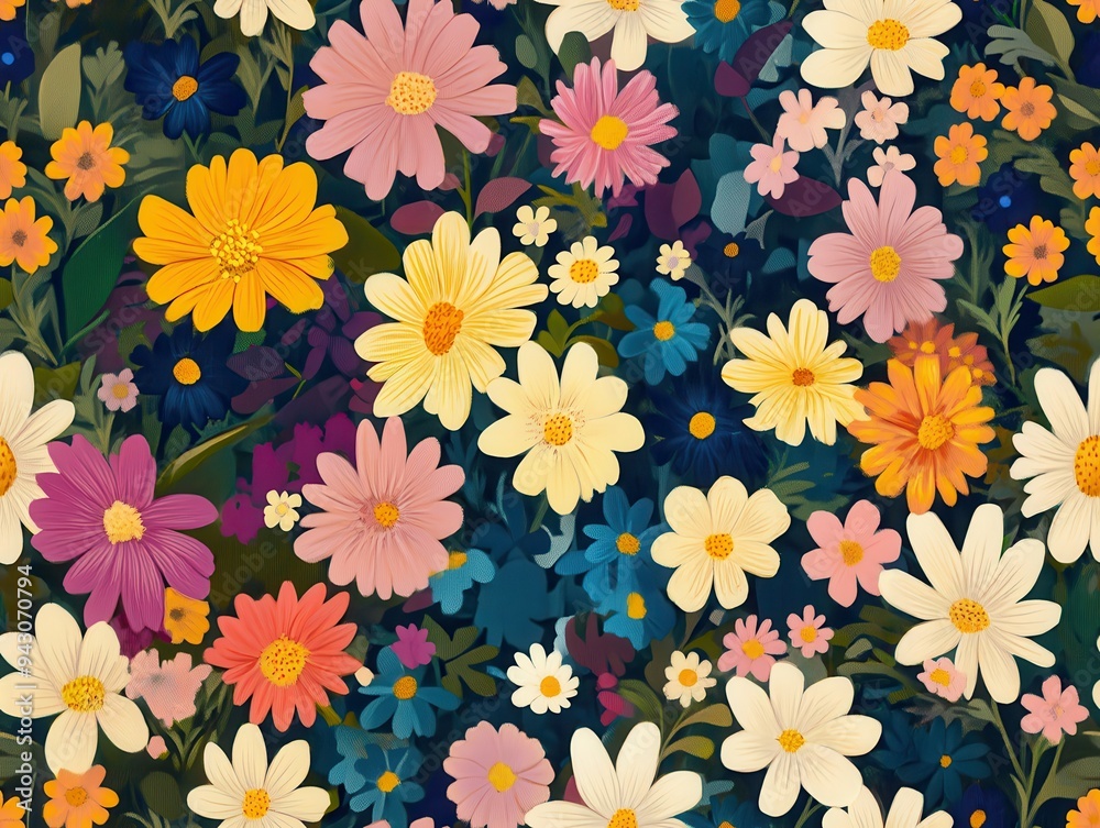 seamless pattern, A vibrant floral pattern showcasing various colorful flowers in full bloom, perfect for nature enthusiasts and decor. seamless pattern, A vibrant floral pattern showcasing various colorful flowers in full bloom, perfect for nature enthusiasts and decor.