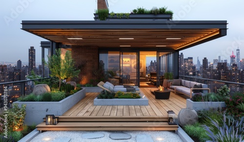 Modern rooftop terrace design featuring wooden seating and city views at twilight
