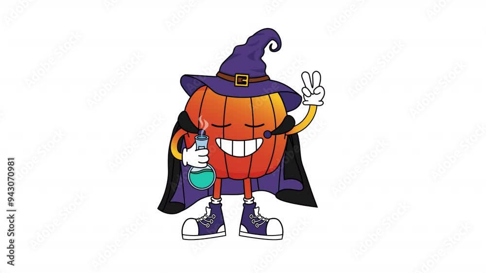 Animated halloween pumpkin character in witch costume with potion in 70s cartoon style. Funny retro character on transparent background Animated halloween pumpkin character in witch costume with potion in 70s cartoon style. Funny retro character on transparent background