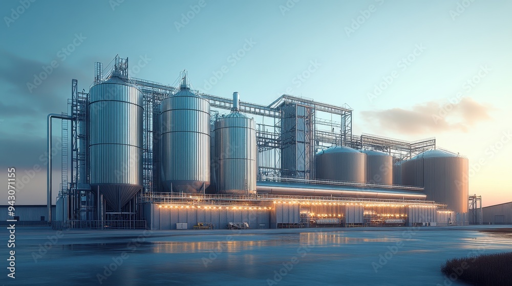 Modern Industrial Facility at Sunset with Silos and Metal Structures Reflecting on Wet Ground Modern Industrial Facility at Sunset with Silos and Metal Structures Reflecting on Wet Ground
