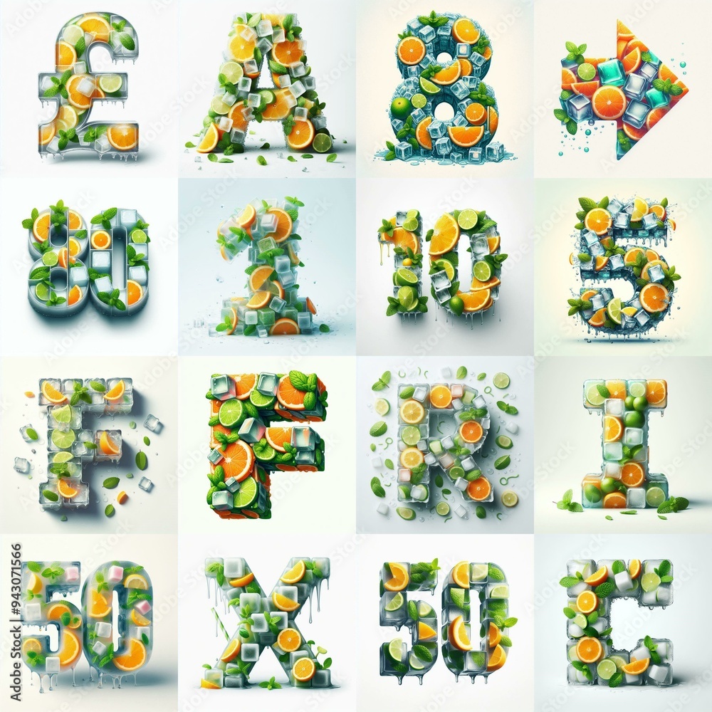 Fototapeta premium Ice cubes and mints and citrus Lettering Typeface. AI generated illustration