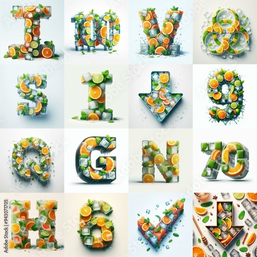 Ice cubes and mints and citrus Lettering Typeface. AI generated illustration